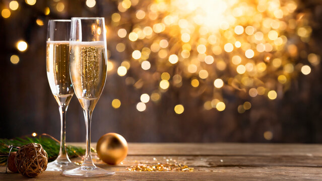 Brinde com ta&ccedil;a de champagne e decora&ccedil;&atilde;o dourada para celebra&ccedil;&atilde;o de ano novo e fogos de artificio ao fundo.