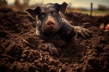 The pig digging the ground and looking for truffles.