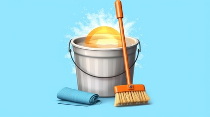 illustration of a bucket with water and a soap bubble, a mop and a rag on an isolated blue background. House cleaning concept - obrazy, fototapety, plakaty