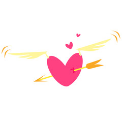 Pink heart with yellow wings and a yellow arrow. Heart pierced by an arrow.