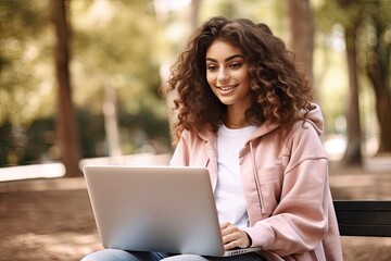 A Young Woman Working on a Project, Seated on a Bench with a Laptop.