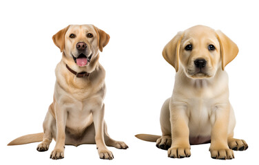 Set of Cute Labrador Retriever Dog: Labrador Retriever Puppy and its Adult Counterpart Sitting, Isolated on Transparent Background, PNG