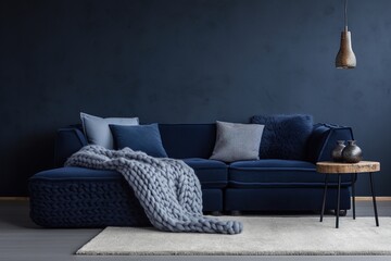 Modern living room with knitted poufs and dark blue corner sofa.