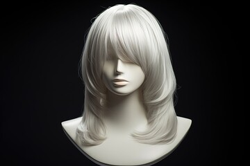 White hair wig on manequin.