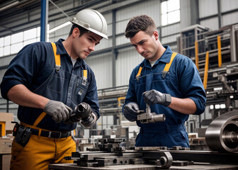 a skilled technician clad in sturdy workwear navigates the intricate world of metalworking in his factory workshop. 
