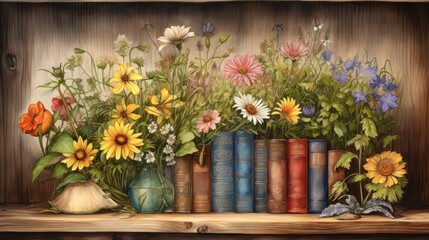 Fototapeta na wymiar A painting of books and flowers on a shelf
