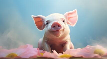 A small pig sitting on top of pink flowers