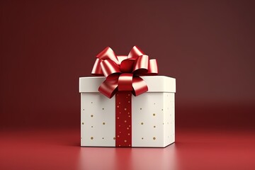 White red present box tied with ribbon bow.