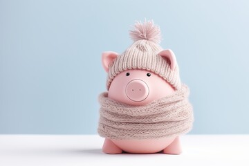 Piggy bank wrapped in a knitted scarf to save energy.