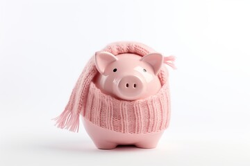Piggy bank wrapped in a knitted scarf to save energy.