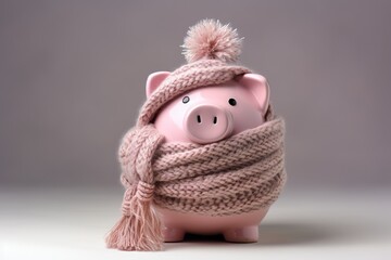 Piggy bank wrapped in a knitted scarf to save energy.