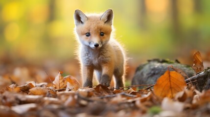 Naklejka premium A baby fox standing in the middle of a forest