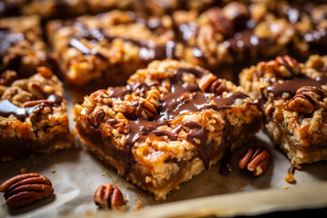 Sheet pan filled with caramel pecan chocolate pie. Generative AI