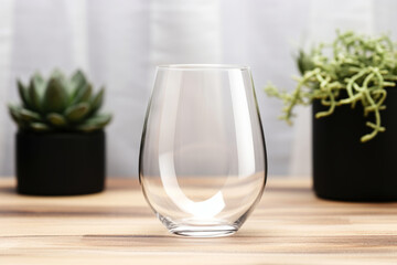 Stemless wine glass mockup with Christmas elements in background. Generative AI