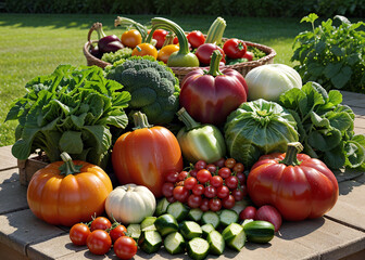 A group of vegetables on a wooden barrel. 