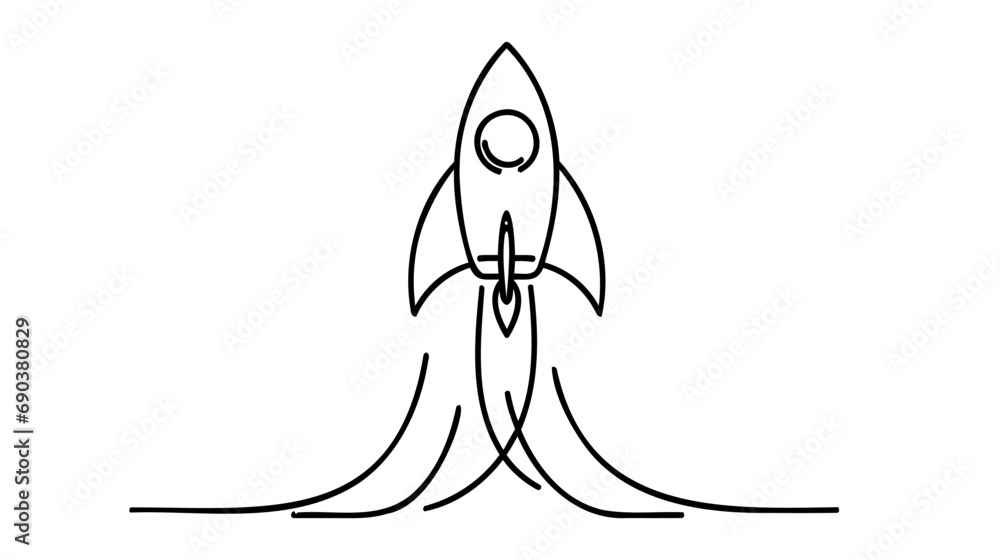 Poster one continuous line drawing of simple retro spacecraft flying up to the outer space nebula.