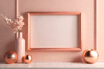 Mock up poster frame in gentle peach tones and rose gold, interior living room concept. Trending color concept of the year 2024 Peach Fuzz.