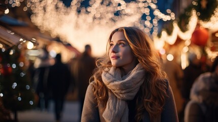A white woman walks through the Christmas market, decorated with festive lights in the evening. Winter holidays generative ai