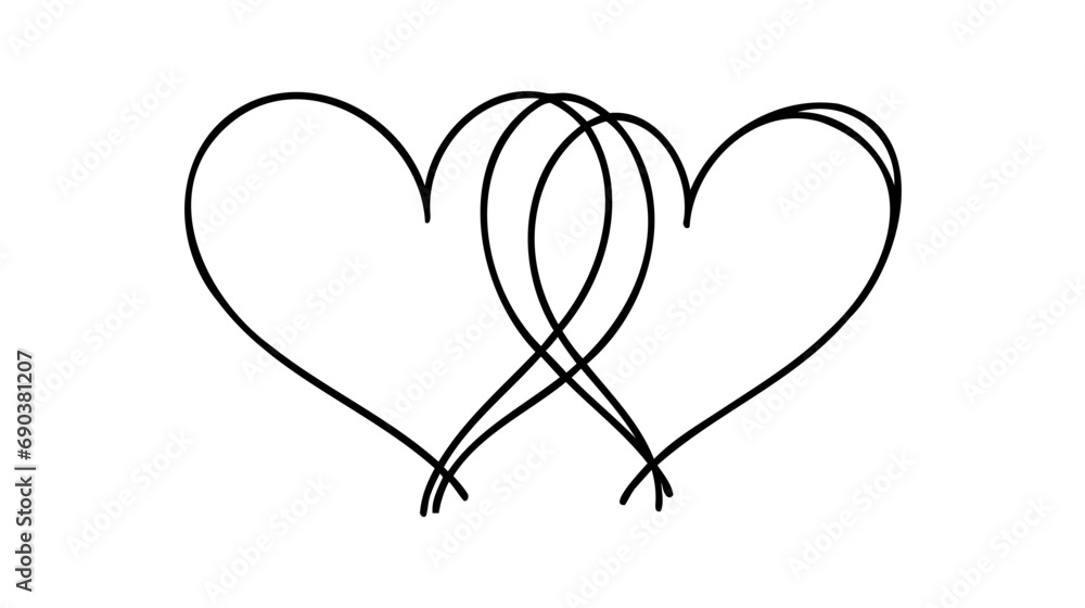 Poster one continuous line drawing of two hearts with love signs. thin curls and romantic symbols in simple