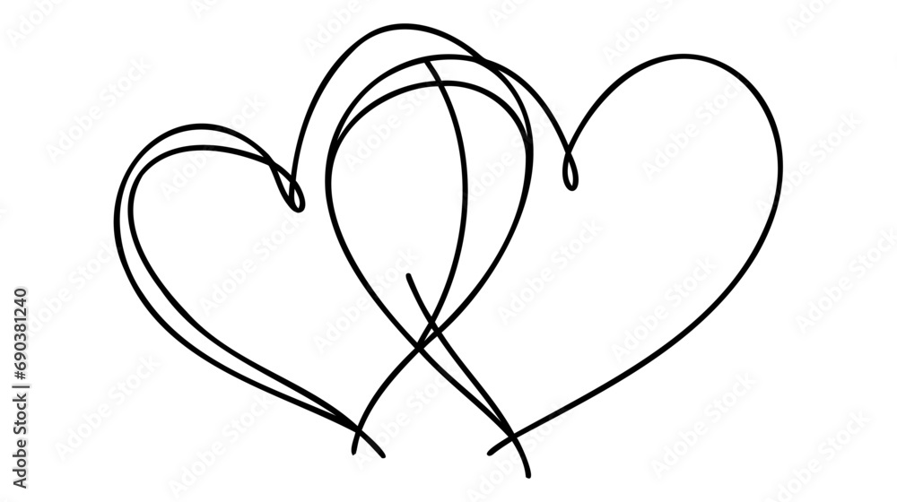 Poster one continuous line drawing of two hearts with love signs. thin curls and romantic symbols in simple
