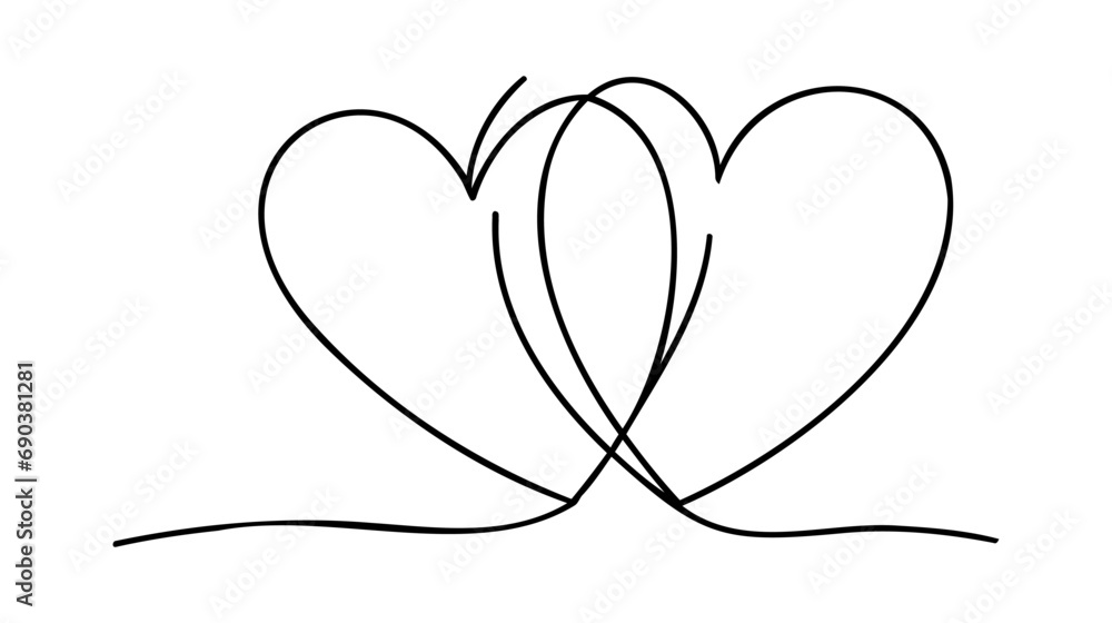 Poster one continuous line drawing of two hearts with love signs. thin curls and romantic symbols in simple