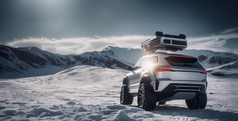 Futuristic SUV with silver light in winter on an icy snowy road on off-road tires. Crossover of the...
