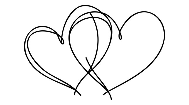 Naklejki One Continuous line drawing of two hearts with love signs. Thin curls and romantic symbols in simple linear style.
