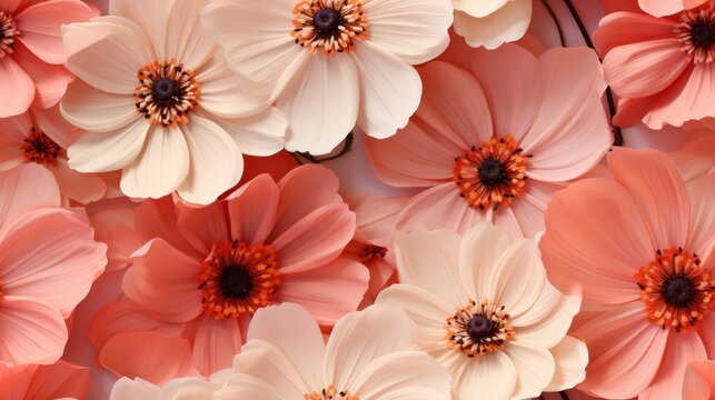 The fashionable color of 2024 is Peach Fuzz. Seamless pattern, Delicate, beautiful orange-pink flowers. Modern design