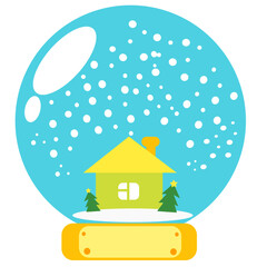 Large glass snow globe with a house and Christmas trees inside. Gift glass snow globe