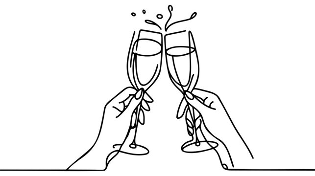 Continuous line champagne cheers. Hands toasting with wine glasses with drinks.