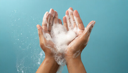 Woman hands in soap foam on light blue background. 