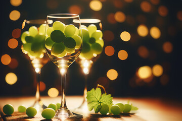 Celebration of New Year in Spain. Traditional lucky grapes in glasses on festive table - obrazy, fototapety, plakaty