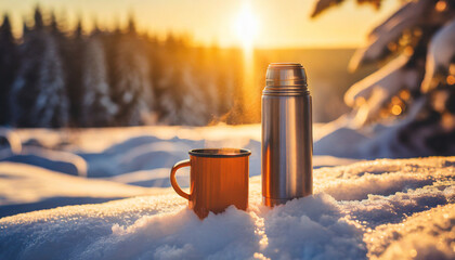 Outdoors mug and thermos in the winter on the snow with a beautiful sunset.