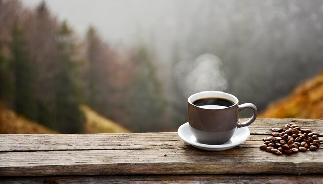 Mug and coffee, sitting on an old wooden table at the forest   blur background. 