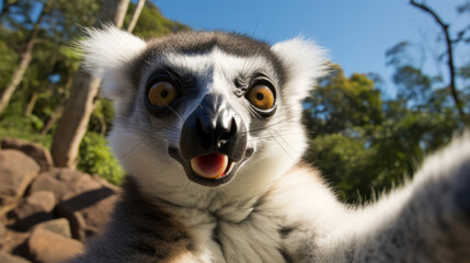 Fototapeta premium Lemur Taking Selfies. Crazy wild Animal Who Took Cute Selfies.