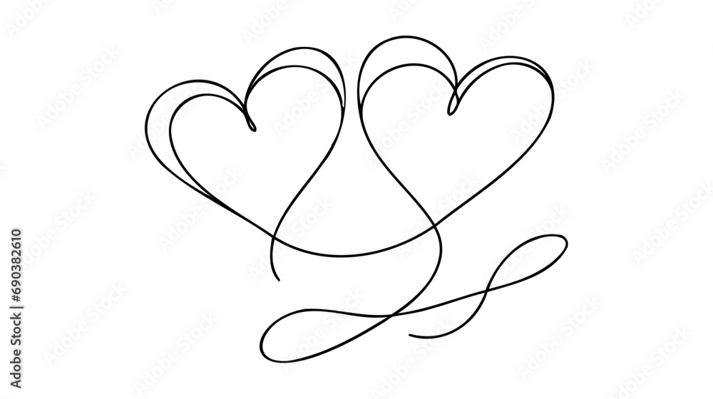 Poster one continuous line drawing of two hearts with love signs. thin curls and romantic symbols in simple