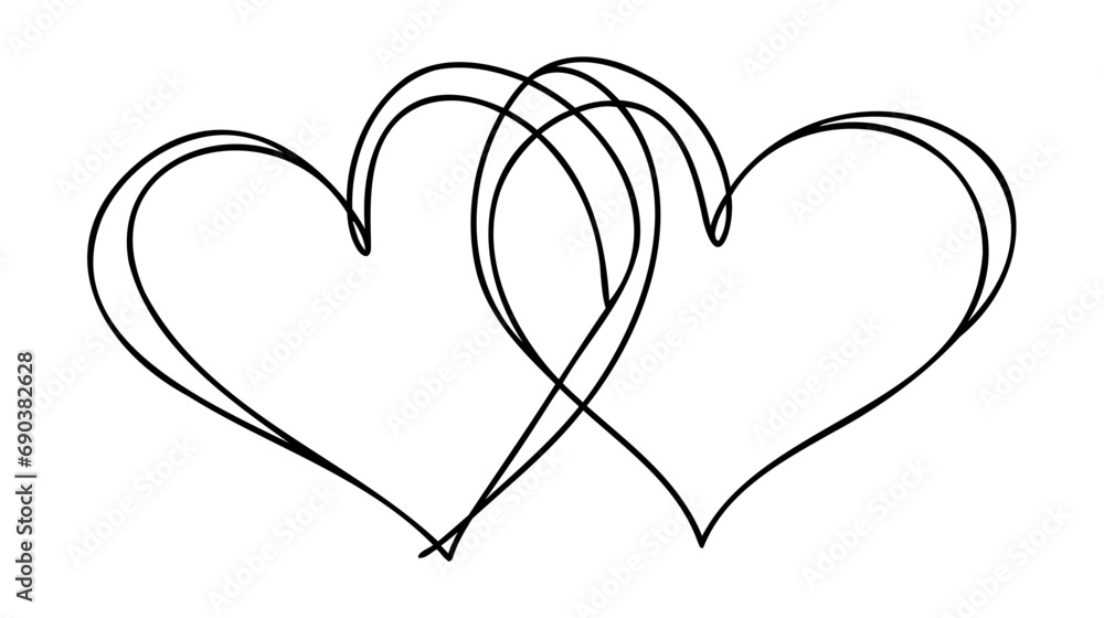 Poster one continuous line drawing of two hearts with love signs. thin curls and romantic symbols in simple
