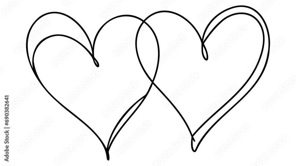 Poster One Continuous line drawing of two hearts with love signs. Thin curls and romantic symbols in simple linear style.