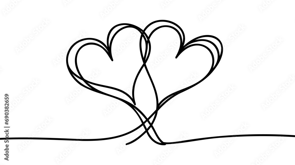 Poster one continuous line drawing of two hearts with love signs. thin curls and romantic symbols in simple