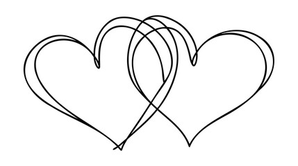 One Continuous line drawing of two hearts with love signs. Thin curls and romantic symbols in simple linear style.