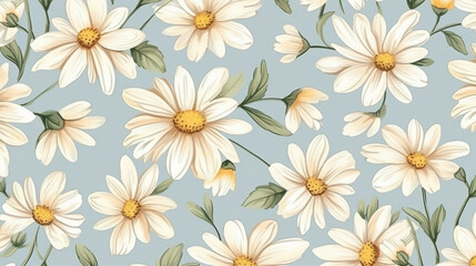 Elegant Blossom and Daisy Seamless Pattern: Floral Print Background for Stylish Textile and Wallpaper - Nature-Inspired Illustration with Vibrant Summer Colors.