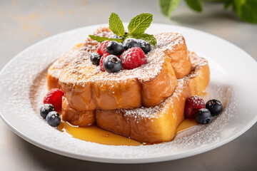 a plate of french toast, coated in powdered sugar, maple syrup and garnished with mint leaves and berries on a white plate