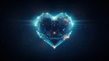 Geometric glowing Heart icon from lines isolated blue on blue background.