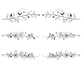 Set of dotwork horizontal floral tattoo with moon, stars and geometry elements in black isolated on white background. 
