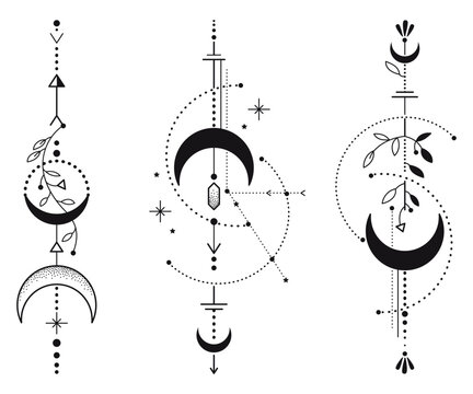 Set of dotwork sacred geometry tattoo with moon, stars and floral elements in black isolated on white background. 
