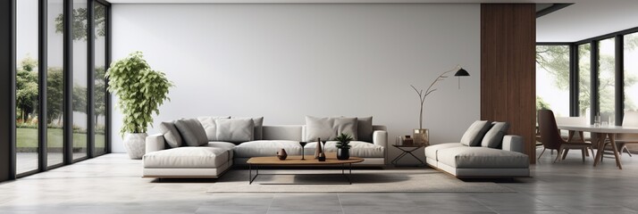 A sleek monochrome lounge with wooden accents complementing the refined grey tiled floor, exuding contemporary charm. - obrazy, fototapety, plakaty