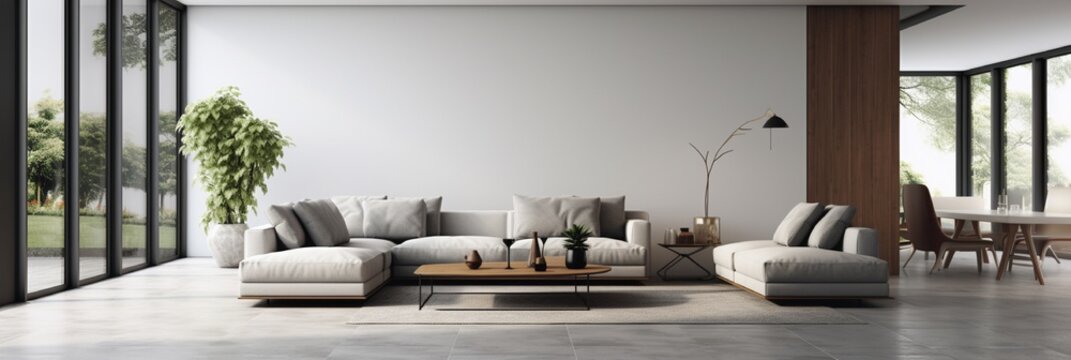 A sleek monochrome lounge with wooden accents complementing the refined grey tiled floor, exuding contemporary charm.