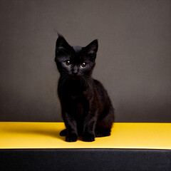 Cute black kitten sitting on a dark background and looking at the camera