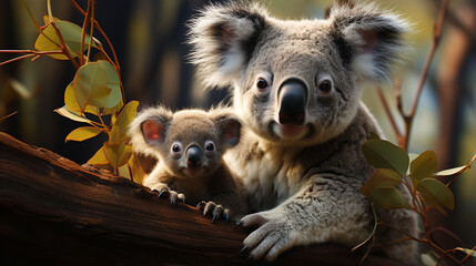 Mother koala with baby on her back, on eucalyptus tree. generative ai - obrazy, fototapety, plakaty