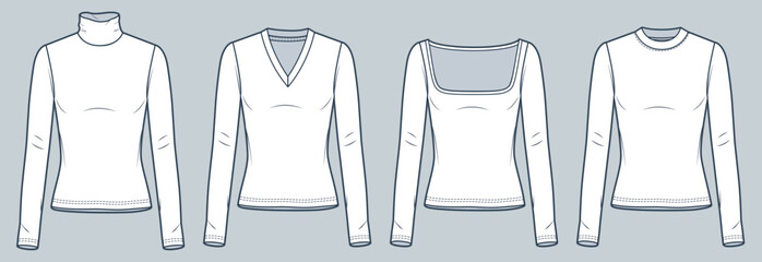 Naklejka premium Long Sleeve Shirt technical fashion illustration. Set of Tee Shirts fashion technical drawing template, round neck, roll neck, square neck, v-neck, slim fit, front view, white, women CAD mockup set.